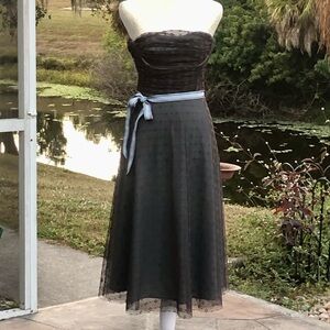 Elegant Black BCBGMaxAzria Dress w Floral Print Tulle Overlay Baby Blue & Sash 🎀